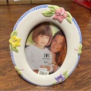 Vintage Burnes Hand Painted Floral Oval Ceramic Photo Frame 5x7 Easel Back T2
